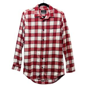 PacSun‎ Flannel Shirt Medium Red White Plaid Long Sleeve Button Up Longer Fit